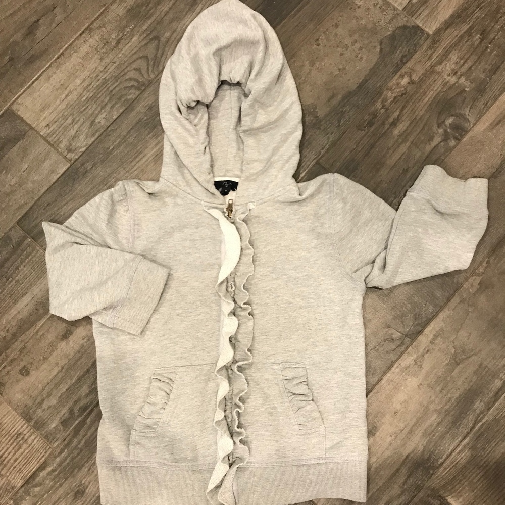 Aqua zip up hoodie with 3/4 sleeves and ruffle